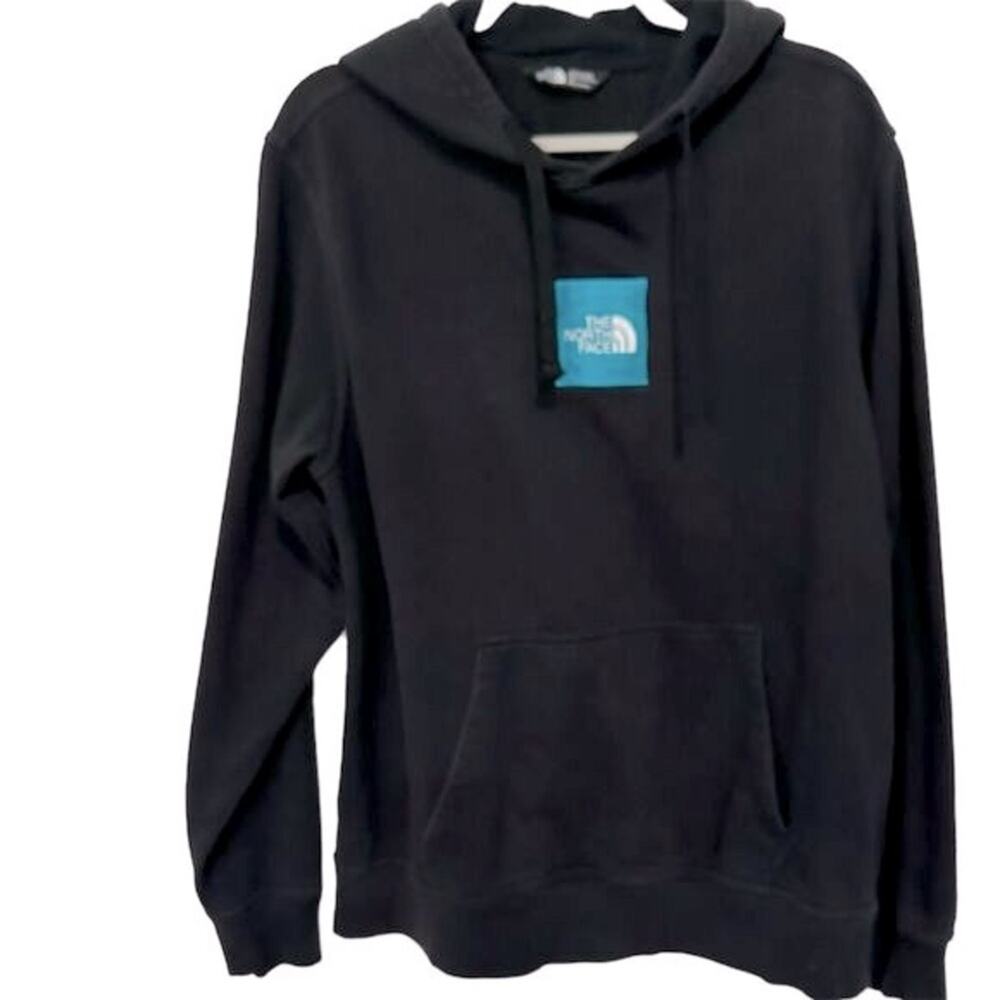 The North Face Men's Black Hoodie L‎ Pullover with Blue Box Logo